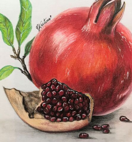 on voit un fruit, la grenade, rouge avec les graines à côté